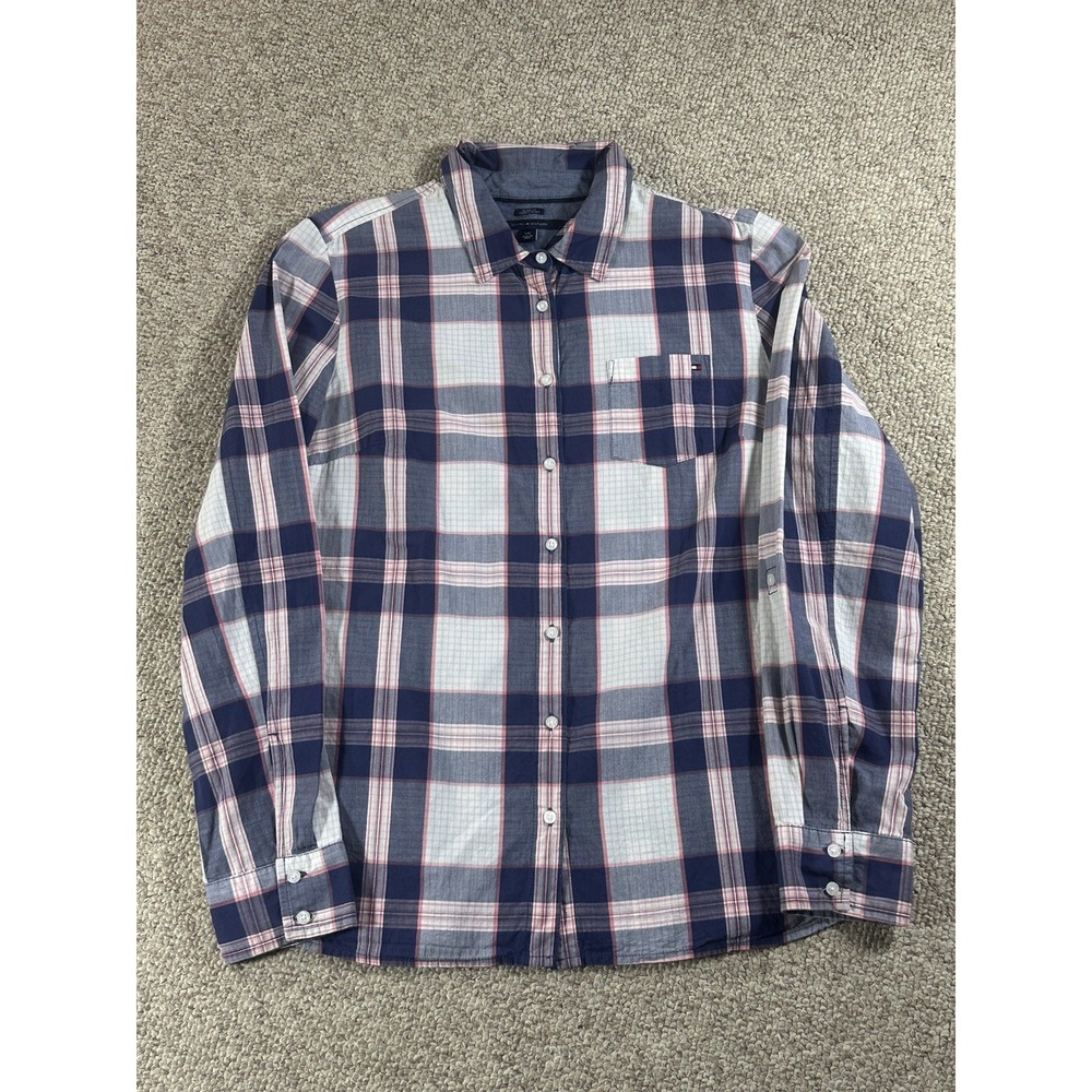 Tommy Hilfiger Classic Fit Women's Long Sleeve Shirt Size Large Pink Blue Plaid